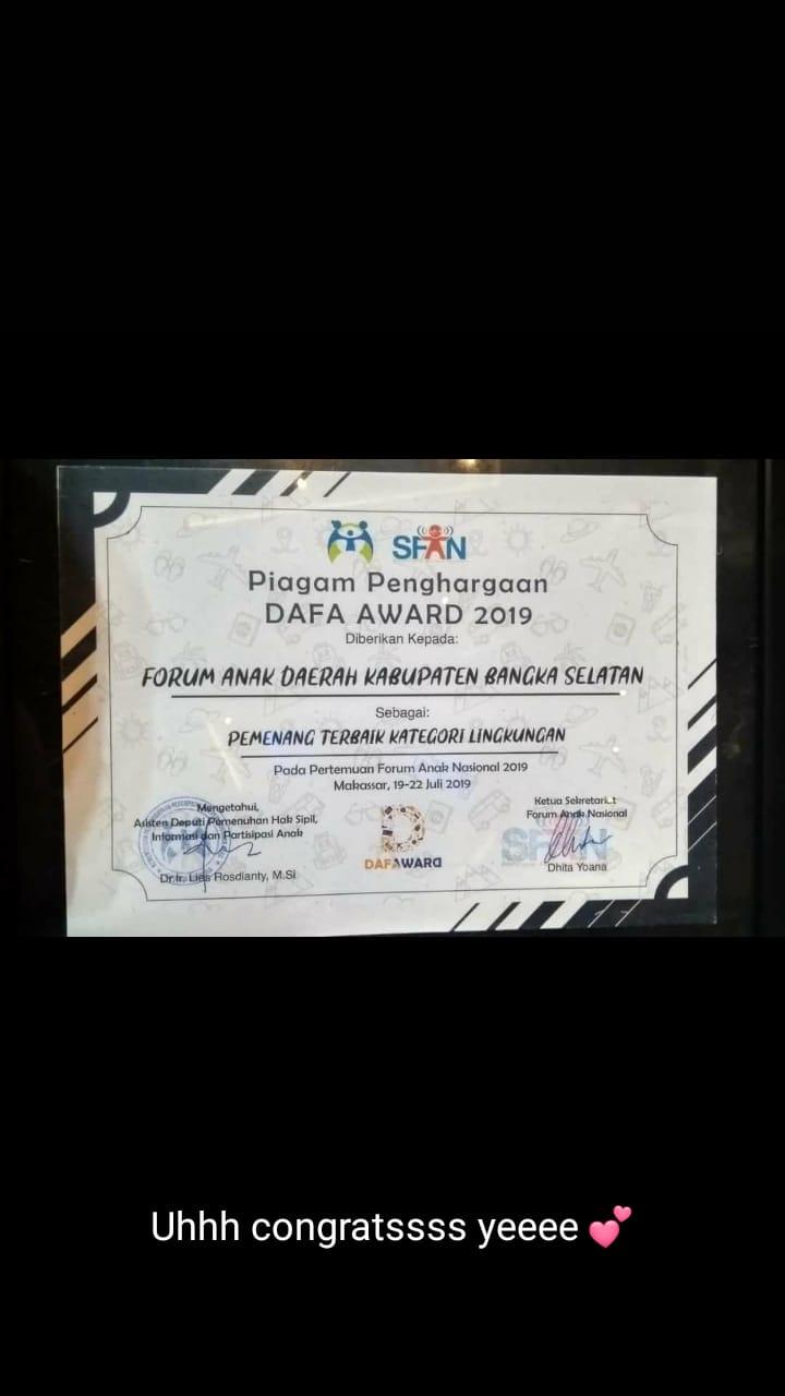 FORUM ANAK BANGKA SELATAN MERAIH PENGHARGAAN TERBAIK KATEGORI LINGKUNGAN DI FORUM ANAK NASIONAL 2019